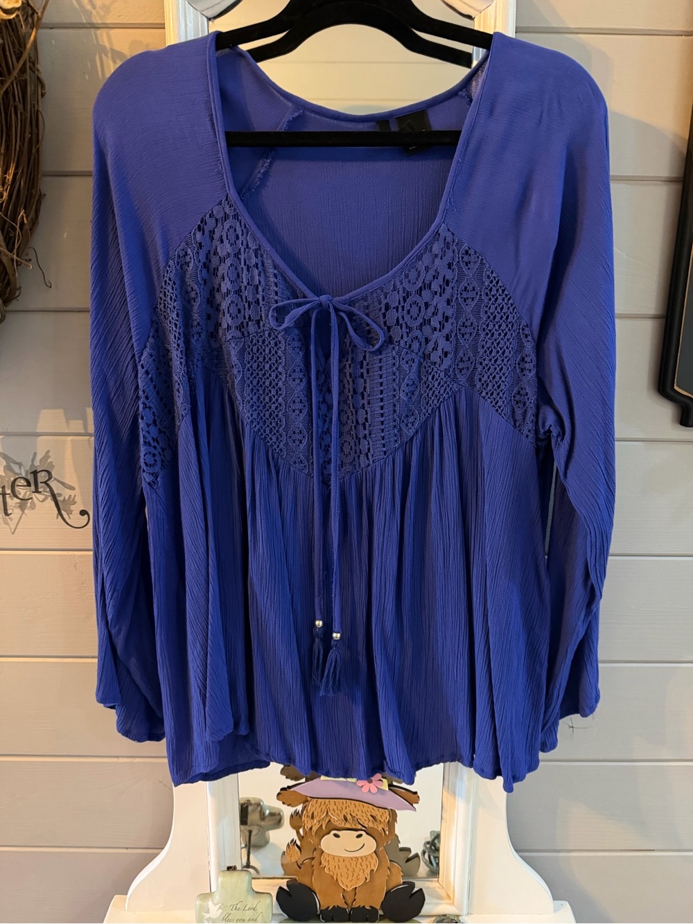 Blue Lace-Yoke Women's Peasant Blouse